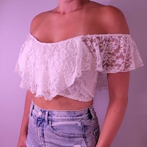 Hollister Women's White Lace Embroidered Off-Shoulder Crop Top Size Small